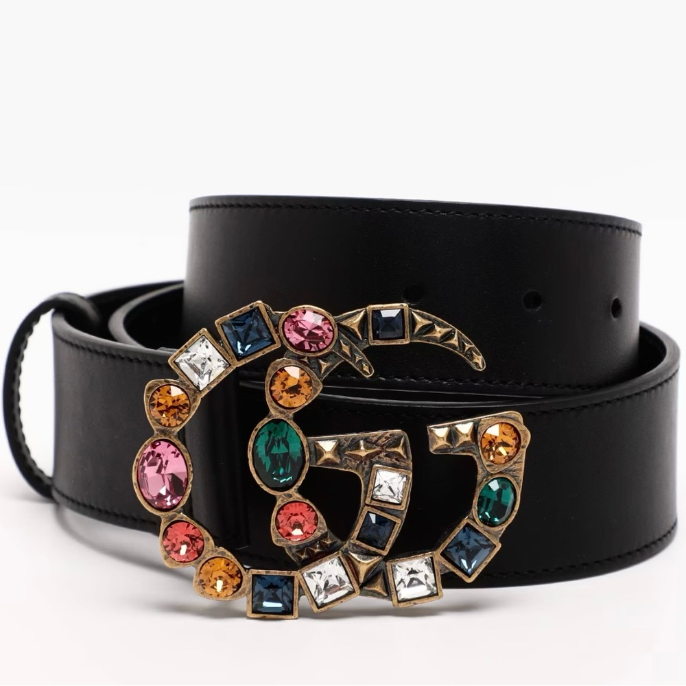 Gucci NWT Black Leather Belt Multicolor Gemstones